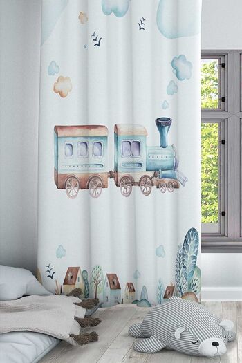 Else Dekor Blue City Patterned Train Background Curtain for Boys' and Baby's Room
