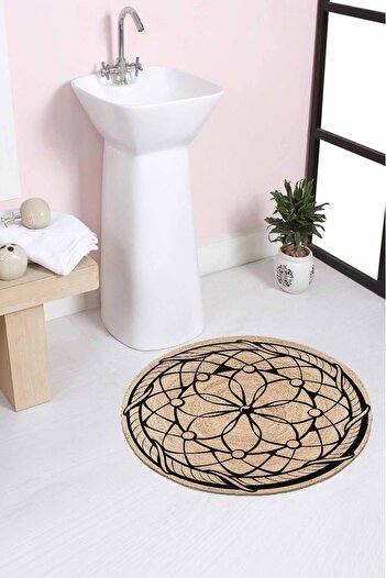 Else Dekor Flower of Life Patterned Rope Wicker Jute Knitted Round Carpet Bath Mat 80x80cm