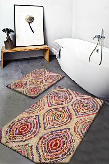 Else Halı Else Wicker Sisal Jute Patterned Washable Non-Slip Base 2-Piece Bathroom Rug Doormat Toilet Bowl Set Jtsbny-5