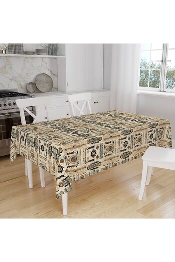 Else Dekor Brown Retro Patterned Digital Printed Linen Effect Stain Resistant Worry-Free Fabric Tablecloth