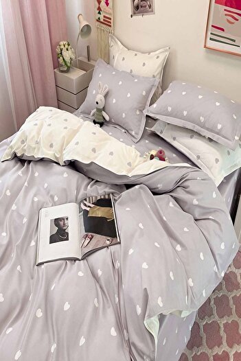 Else Dekor Else Double Sided Gray Hearts Cotton Satin Double Duvet Cover Set
