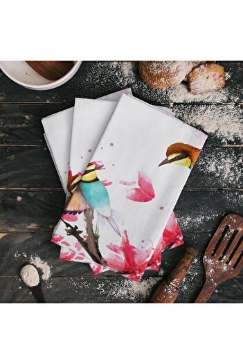Else Dekor Pink Floral Bird Patterned Microfiber Kitchen Towel Drying Cloth Water Absorbent Hand and Face Towel