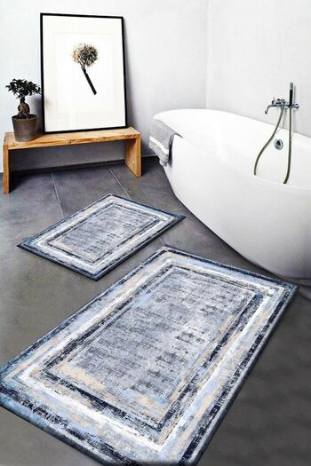 Else Dekor Blue Gray Marble Patterned Washable Non-Slip Bath Mat 2-Piece Toilet Set Dts-25