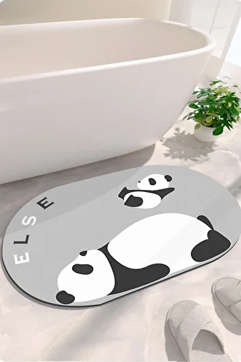 Else Dekor Gray White Panda Pattern Water Absorbent Shower Front Bathroom Rug Doormat Toilet Seat One Piece Oval