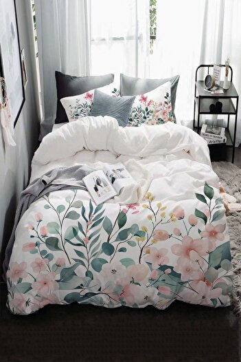 Else Dekor Colorful Floral Pattern Printed Cotton Satin Double Duvet Cover Set