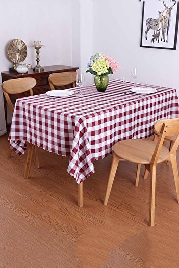 Else Dekor Else Claret Red Piti Square Checkerboard Patterned Carefree Stain-Proof Tablecloth Tablecloth Picnic Cloth
