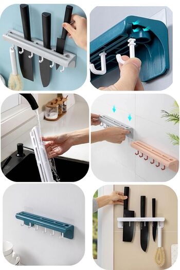 Else Dekor Else Wall Mounted Adhesive 6 Hooks Knife Hanger Rack Hanging Kitchen Organizer