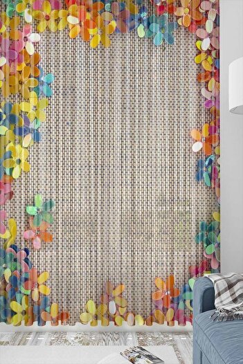 Else Dekor Decorative Modern 3D Tulle Backdrop Curtain with Colorful Flower Wicker Pattern