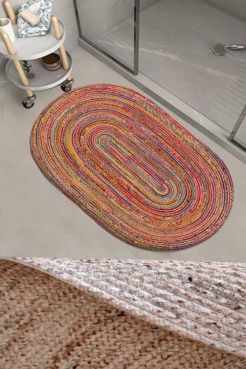 Else Dekor Colorful Striped Patterned Rope Wicker Jute Knit Oval Bathroom Rug Toilet Shower Mat