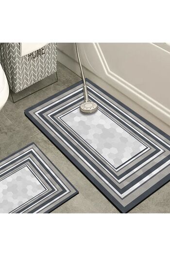 Else Dekor Gray White Washable Non-Slip Base 2-Piece Bathroom Rug Mat Toilet Seat Set