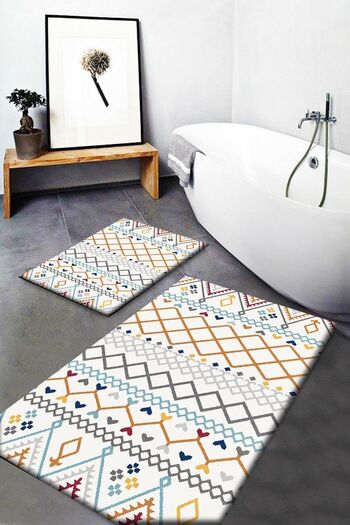 Else Halı Else Colorful Scandinavian Ethnic Patterned Washable Non-Slip Bath Mat 2-Piece Toilet Set Carpet Dts-8