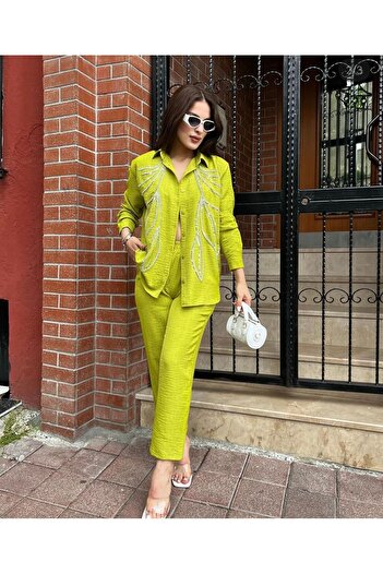 BERİ BUTİK Women's Sequin Sequin Embroidered Green Double Set