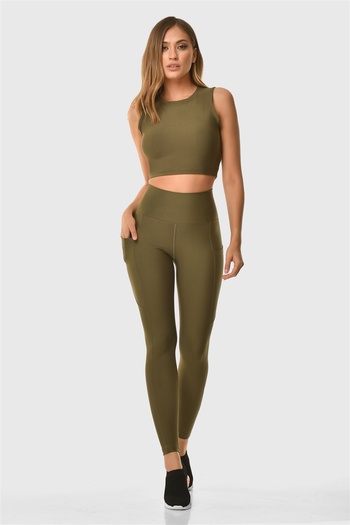 Superstacy Khaki Sports Leggings - High Waist and Pocket