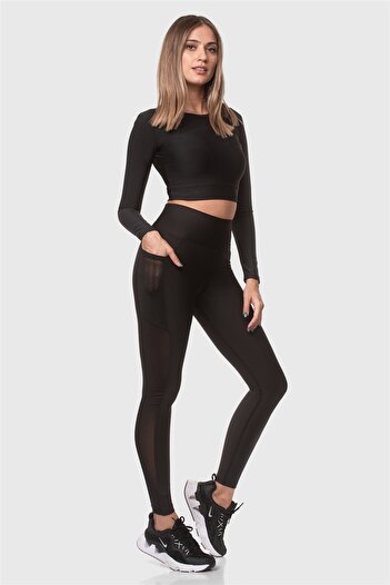 Superstacy High Waist Pocket Black Tulle Sports Leggings