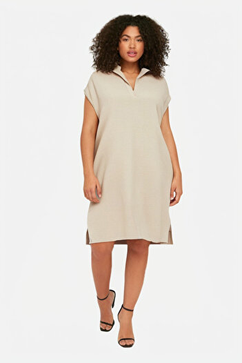 Trendyol Curve Cream Shirt Collar Slit Woven Plus Size Dress Tbbss24Ah00205