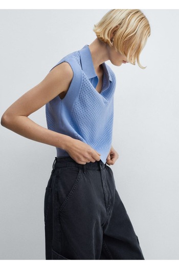 MANGO Woman Bluză cu guler polo din tricot ajurat