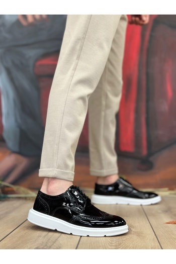 BOA BA0003 - High Sole Patent Leather Casual Men's Shoes, Lace-up, Black and White
