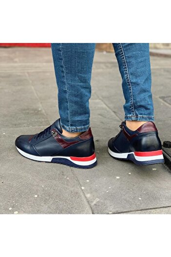 Parlak Lacivert Erkek Hakiki Deri Sneakers