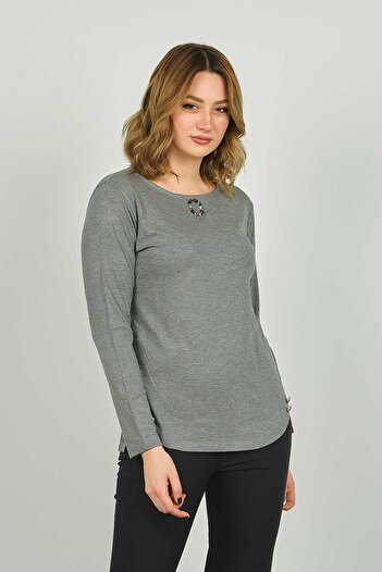 Sistas Women's Ornamental Buttoned Long Sleeve Blouse 23538 Gray