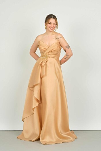 Maxra Govana Women's Strapless Waist Part Embroidered Ruffle Detailed Long Evening Dress 6581 Gold