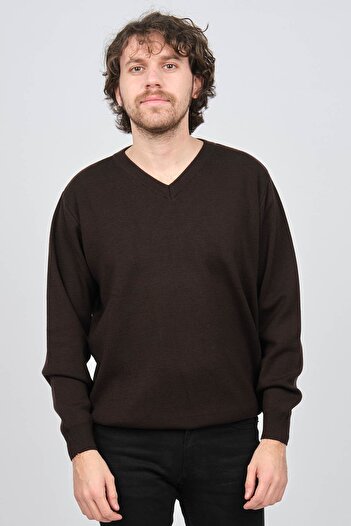 Desen Triko Men's V-Neck Wool Sweater 0246516 Brown