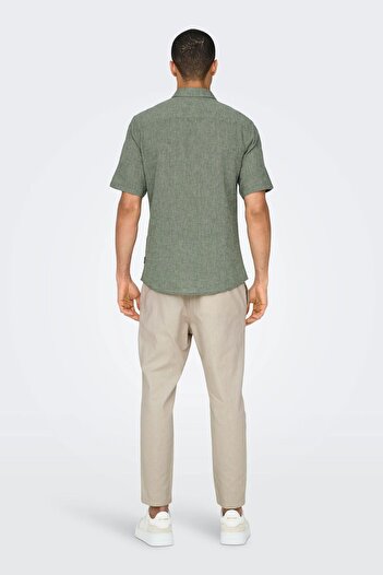 Only & Sons Ανδρικό λινό πουκάμισο Khaki - Onscaiden, Slim Fit, κοντό μανίκι 22009885
