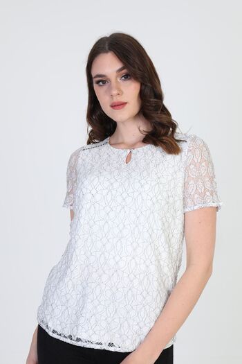 ELLA CAMELIA Women's Lace Patterned Blouse 19e064 Ecru