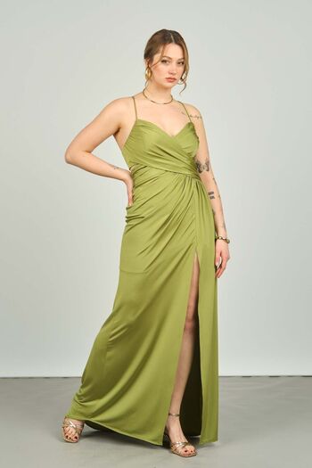 ŞEREF VURAL Women's Rope Strap Deep Slit Long Evening Dress 8053 Pistachio Green