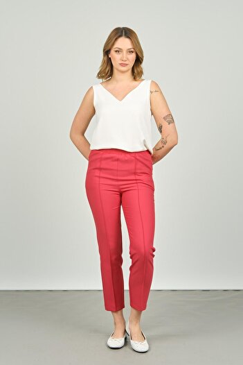 F&A Textile Women's Ankle Length Front Line Stitching Skinny Fit Trousers 6000 Coral