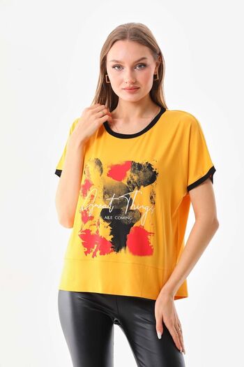 Sistas Women's Patterned and Text Detailed Short Sleeve Blouse 23085 Yellow