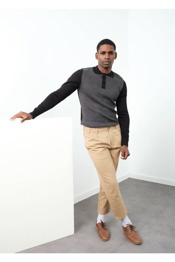 Adze Men's Black-dark Gray Patterned Polo Collar Wool Sweater