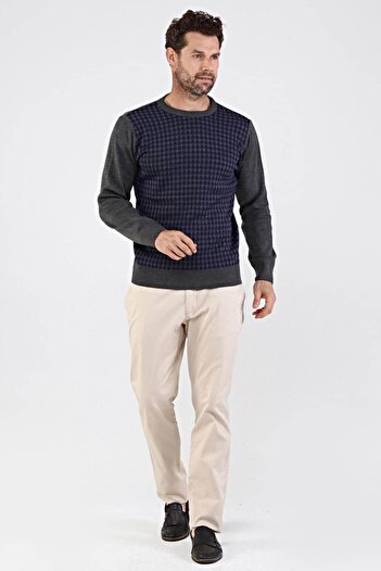 Çizgi Triko Men's Plus Size Crew Neck Steel Knit Knitwear Sweater 4605cb Gray
