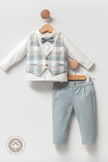 Cassiope Mini Groom Baby Boy 3-Piece Set Pants Vest Shirt with Bow Tie Plaid Detail