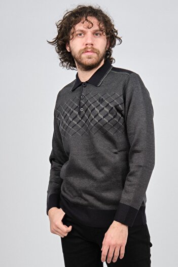 Pelikan Men's Patterned Polo Neck Sweater 1579406 Smoked
