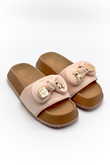 Shoebutik Yumyum Bej Scuba Ayıcık Tokalı Mantar Taban Terlik