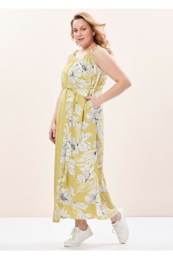 EVEN plus size Yeşil Askılı Çiçek Desenli Viskon Büyük Beden Elbise