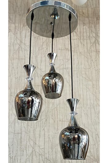 TREND 3lü Gümüş Laleli Füme Camlı Modern Avize