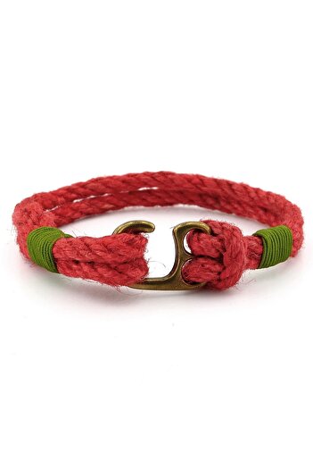 Solfera Men's Bracelet - Red Rope, Green Braid, Bronze Metal Hook, M055B