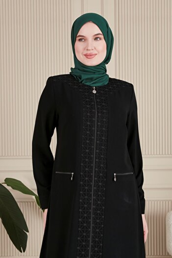 JALİA Maypoul Fabric - Laminated Lace, Zipper Edge and Shoulder Detail Battal Ferace-6020