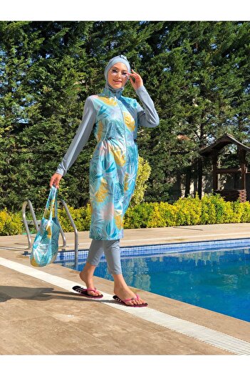 ALLMİRA FASHION Gray 5-Piece Camellia Patterned Hijab Swimsuit Set - Full Covered with Bag