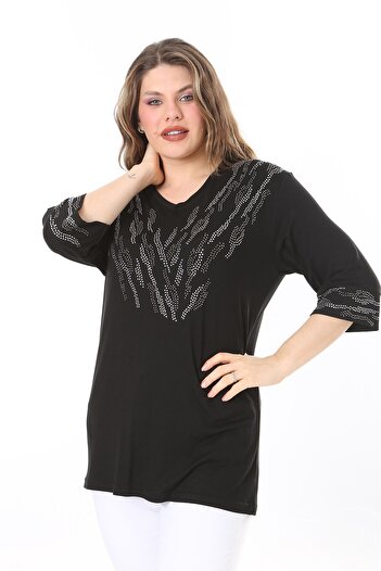 Şans Μαύρη μπλούζα με κοσμήματα Plus Size - 65N37976