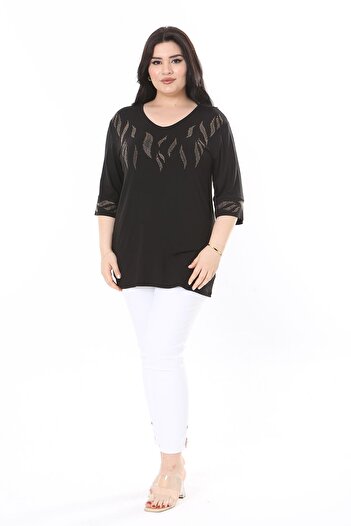 Şans Μαύρη μπλούζα με κοσμήματα Plus Size - 65N37978