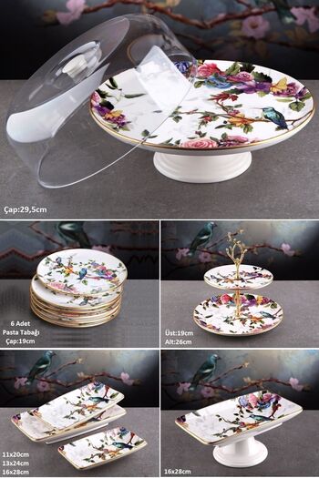 Pinkev 13-Piece 6-Person Ceramic Breakfast Breakfast Presentation Plate Set - Bird Patterned