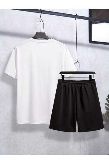 Mythologie Smile Printed T-Shirt and Shorts - White Black Oversize Crew Neck Set