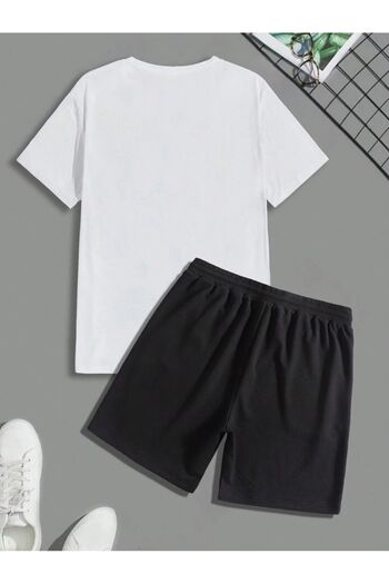 modaberry White Black Logo T-shirt and Shorts - Crew Neck Set