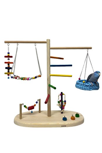 ADAPATİ PET Wooden Fun Platform with Swing Bird Toy