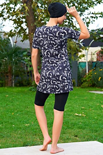 Ruko Maio MIRATES BLACK PATTERNED HALF SLEEVE MICRO (ÇABUK DRYING) FABRIC SEMI TESETURED SWIMSUIT