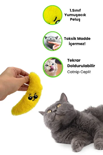Miyav Banana Shaped Catnip Plush Cat Toy with Pocket 2 Pieces Catnip Pack Included - Cat Toy with Catnip