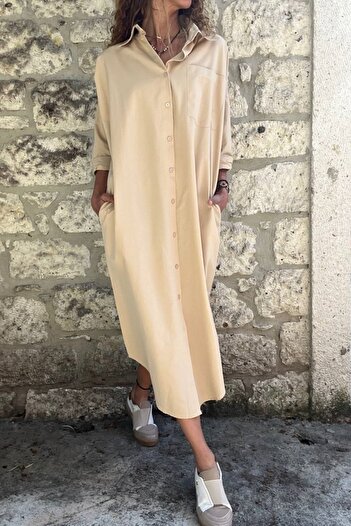 Güneşkızı Women's Beige Poplin Long Pocket Shirt Dress BST700-3555