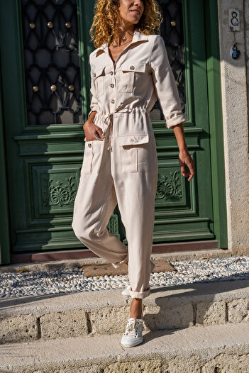 Güneşkızı Women's Cream Airobin Pocket Belted Safari Jumpsuit Bst3164